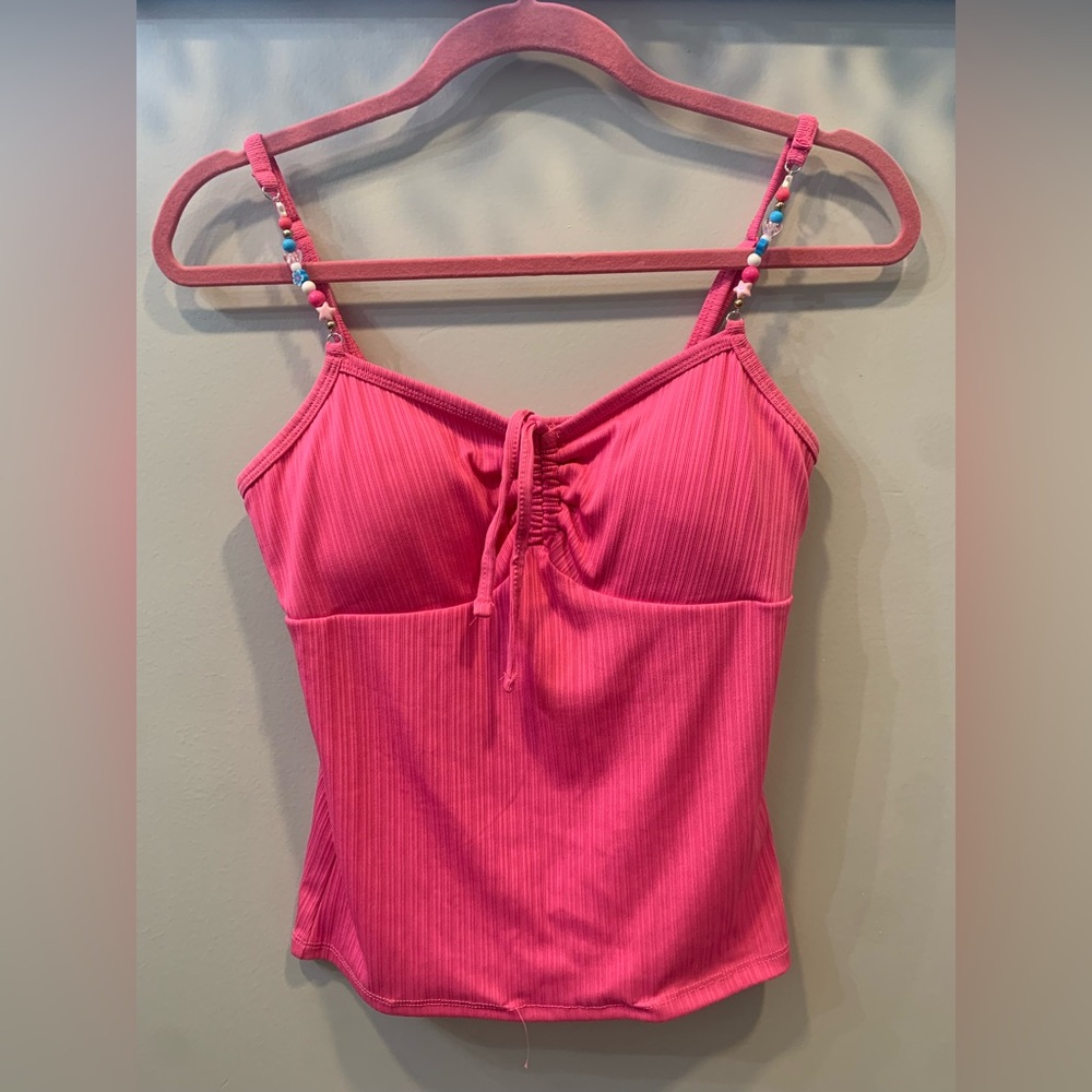 NOBO No Boundaries pink Super Cute Ribbed Ruched Beaded Tank Top - Size M
